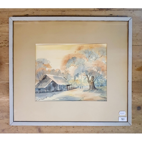 761 - Eastern school, a landscape with a hut, watercolour, 28 x 33 cm