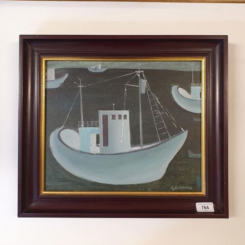 764 - A Goodman, study of a ship, oil on board, 30 x 33 cm