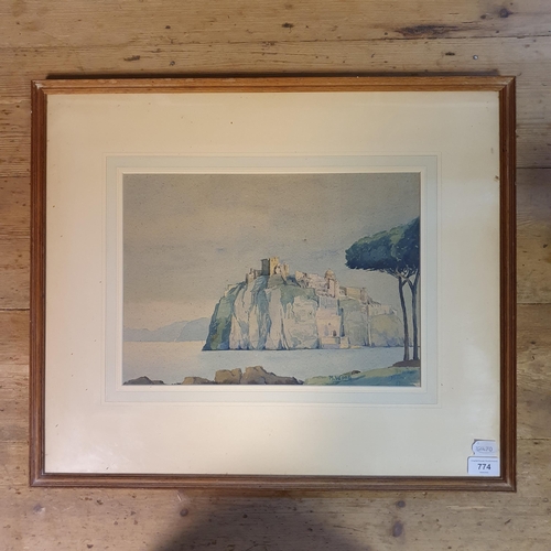 774 - M Wood, a landscape with a fortress, watercolour, signed, 27 x 38 cm