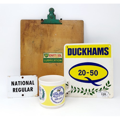 120 - A Duckhams 20-50 sign, 19 x 17 cm, and an enamel pump sign, National Regular, 7.5 x 10 cm, mug ,and ... 