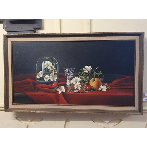 706 - Ted Owen, still life with flowers, vesta and matches, oil on canvas, signed, 38 x 74 cm