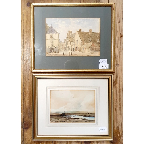 715 - J C McEwan Brown, a landscape, watercolour, signed, 13 x 18 cm, and S Servan, a town scene with figu... 