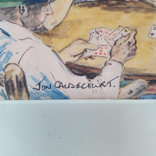 727 - Jon Caldecourt, figures playing cards, watercolour, signed, 14 x 23 cm, and an oval print (2)