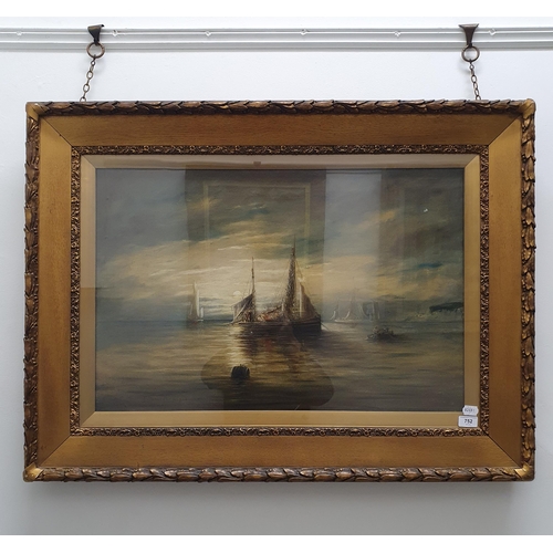 752 - T Westcott, a seascape with a fishing boat, oil on canvas, dated 1910, 47 x 75 cm