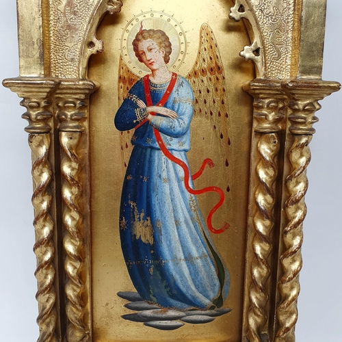 756 - Manner of Fra Angelico, an angel, 25 x 10 cm, in a Florentine style carved giltwood Gothic frame, 50... 