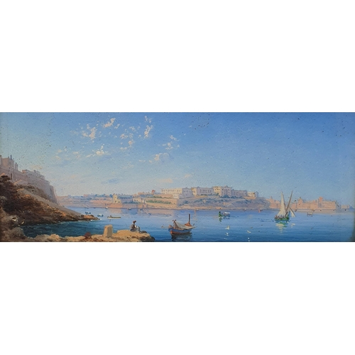 757 - Luigi Maria Galea (Maltese 1847-1917), Valetta harbour, oil on board, signed, 11 x 27 cm, and its pa... 