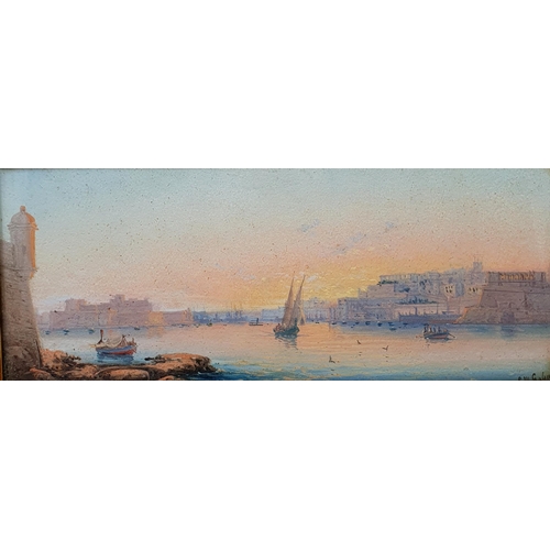 757 - Luigi Maria Galea (Maltese 1847-1917), Valetta harbour, oil on board, signed, 11 x 27 cm, and its pa... 