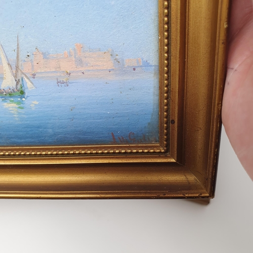 757 - Luigi Maria Galea (Maltese 1847-1917), Valetta harbour, oil on board, signed, 11 x 27 cm, and its pa... 