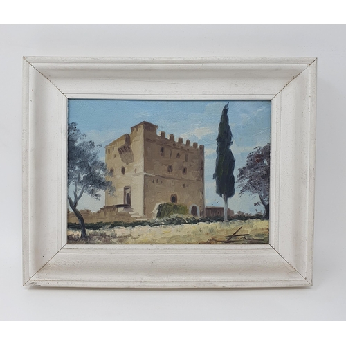 758 - 20th century, Continental school, study of a castle, oil on canvas, indistinctly signed, 17 x 23 cm