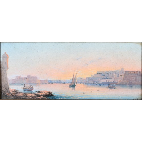 757 - Luigi Maria Galea (Maltese 1847-1917), Valetta harbour, oil on board, signed, 11 x 27 cm, and its pa... 