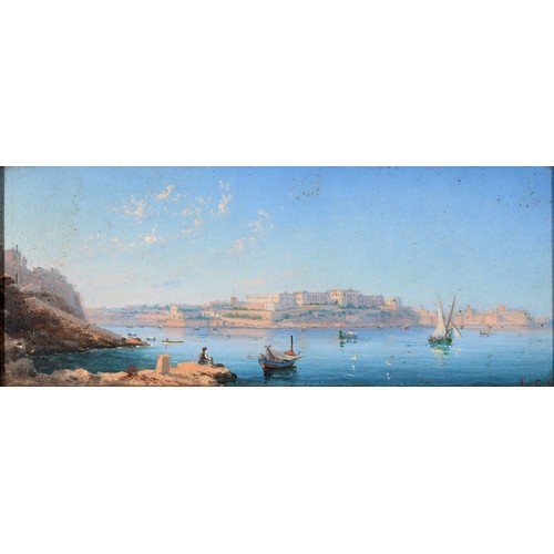 757 - Luigi Maria Galea (Maltese 1847-1917), Valetta harbour, oil on board, signed, 11 x 27 cm, and its pa... 