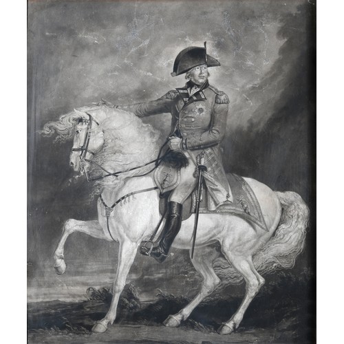 753 - A print, George III on horseback, 63 x 53 cm, in a gilt gesso frame, the finial in the form of a cro... 