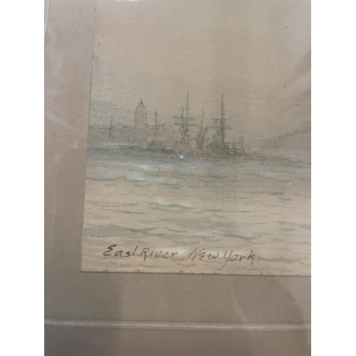 803 - Early 20th century, English school, East River New York, watercolour, initialed J M, 10 x 38 cm