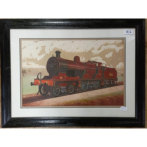 816 - W Graham, study of a train, watercolour, signed, 30 x 48 cm, its pair, and three prints of trains (5... 