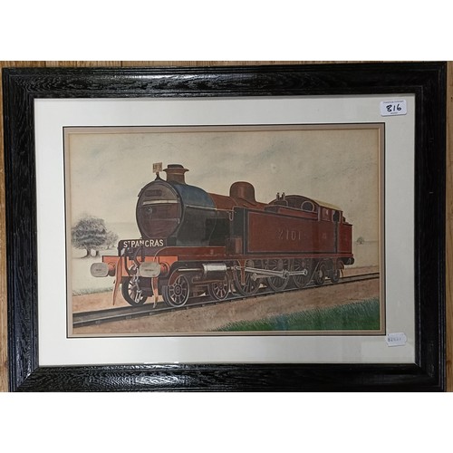 816 - W Graham, study of a train, watercolour, signed, 30 x 48 cm, its pair, and three prints of trains (5... 