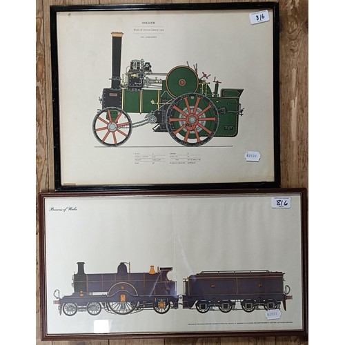 816 - W Graham, study of a train, watercolour, signed, 30 x 48 cm, its pair, and three prints of trains (5... 