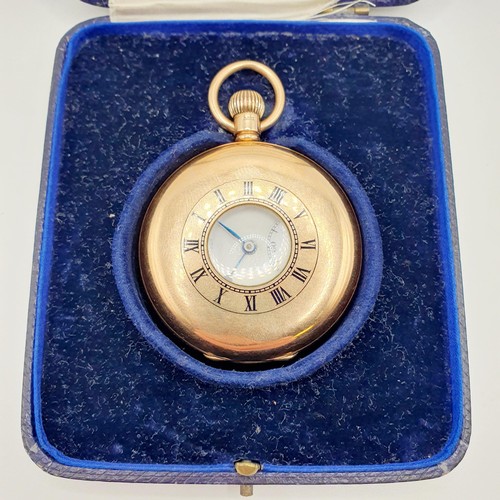 A 9ct gold half hunter pocket watch by J W Benson, cased