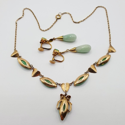 24 - A 9ct gold and jade necklace, and a similar pair of drop earrings