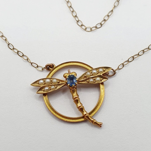 39 - A 9ct gold seed pearl and blue stone pendant, in the form of a dragonfly, on a chain  Provenance: Fr... 