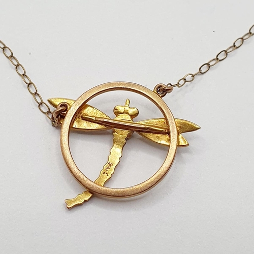 39 - A 9ct gold seed pearl and blue stone pendant, in the form of a dragonfly, on a chain  Provenance: Fr... 