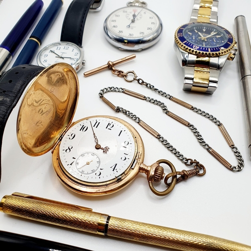 465 - A Continental 14ct gold full hunter pocket watch, a stopwatch, two dress watches, and seven pens