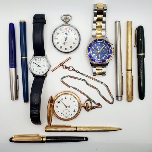 465 - A Continental 14ct gold full hunter pocket watch, a stopwatch, two dress watches, and seven pens