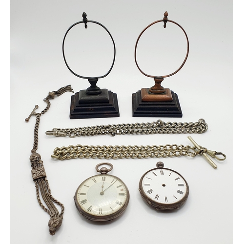 466 - A silver open face pocket watch, another, a white metal Albert, two silver plated Alberts, and two w... 