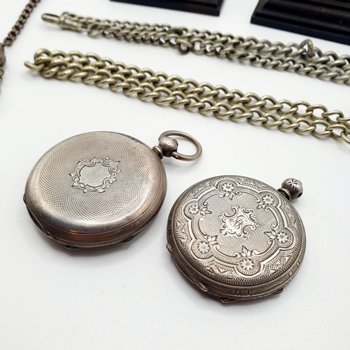 466 - A silver open face pocket watch, another, a white metal Albert, two silver plated Alberts, and two w... 