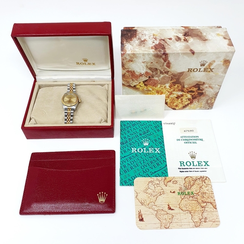 467 - A ladies stainless steel and gold Rolex Oyster Perpetual wristwatch, with two spare links, boxes and... 