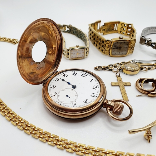 471 - A gold plated half hunter pocket watch, and assorted gold plated jewellery (box)