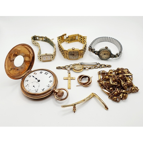 471 - A gold plated half hunter pocket watch, and assorted gold plated jewellery (box)