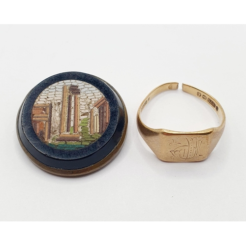 49 - A micro-mosaic brooch, and a 9ct gold signet ring, 3.4 g, cut