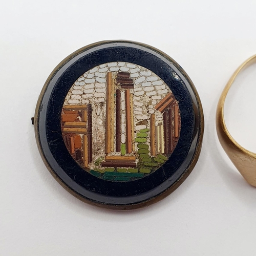 49 - A micro-mosaic brooch, and a 9ct gold signet ring, 3.4 g, cut