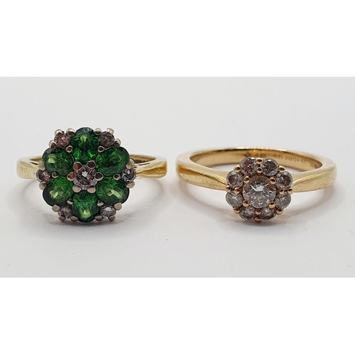 55 - An 18ct gold and diamond cluster ring, ring size L, and a 9ct gold green and white stone ring, ring ... 