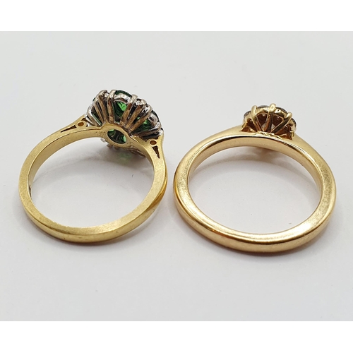 55 - An 18ct gold and diamond cluster ring, ring size L, and a 9ct gold green and white stone ring, ring ... 