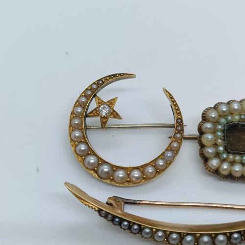 137 - A 15ct gold and seed pearl crescent brooch, and two other brooches (3)