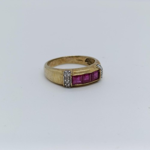 141 - An 9ct gold, ruby and diamond ring, ring size O