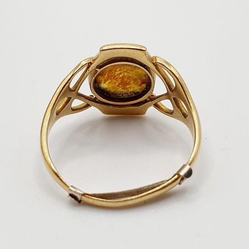 142 - An 18ct gold and opal ring, by Murrle Bennett, ring size P, in a vintage jewellery box, retail label... 