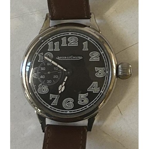 462 - A gentleman's stainless steel Jaeger-LeCoultre oversized wristwatch, with a later leather strap, bac... 