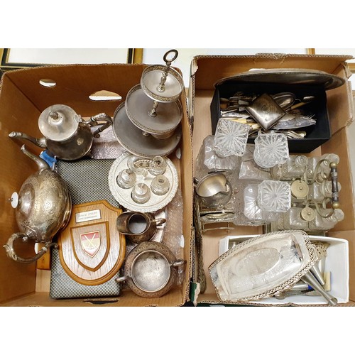 837 - A silver plated three tier silver plated cake stand and assorted other silver plate (2 boxes)