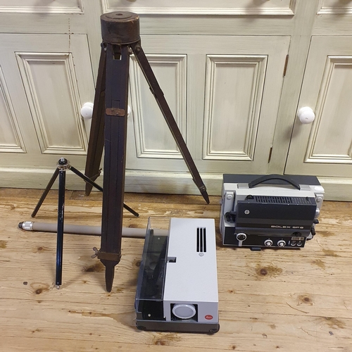 74 - A Leitz slide projector, a Bolex SP8 cine projector, a Bolex 8 mm film cutter, and three tripods (6)