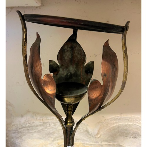 729 - A Benson Arts & Crafts copper, brass and wrought iron lamp base, 63 cm high