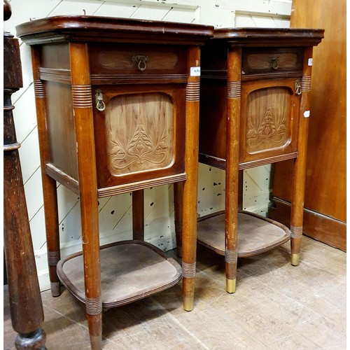 857 - A pair of Thonet walnut marble top bedside cupboards, label verso, Jacob Josef Kohn of Wien, 40 cm w... 