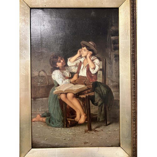 747 - 19th century, Italian school, a young boy trying on spectacles, with companion, oil on canvas, 39 x ... 