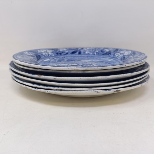 717 - A blue and white plate decorated cows, 25 cm diameter and five others similar (6)