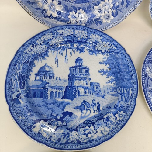 717 - A blue and white plate decorated cows, 25 cm diameter and five others similar (6)