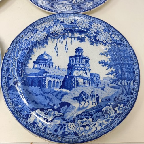 717 - A blue and white plate decorated cows, 25 cm diameter and five others similar (6)