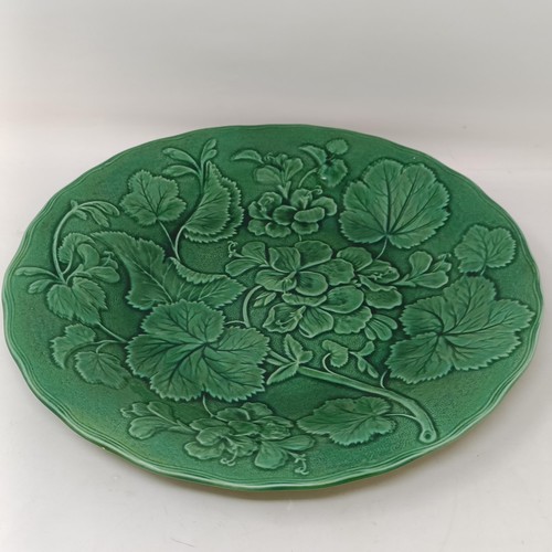 720 - An Art Glass vase, and a green glazed leaf plate (2)