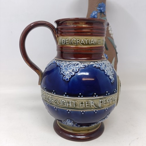 723 - A Doulton Lambeth commemorative jug, 20 cm high and a Doulton vase (2)