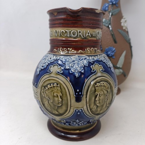 723 - A Doulton Lambeth commemorative jug, 20 cm high and a Doulton vase (2)